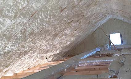 An attic with insulation being installed in Maine.